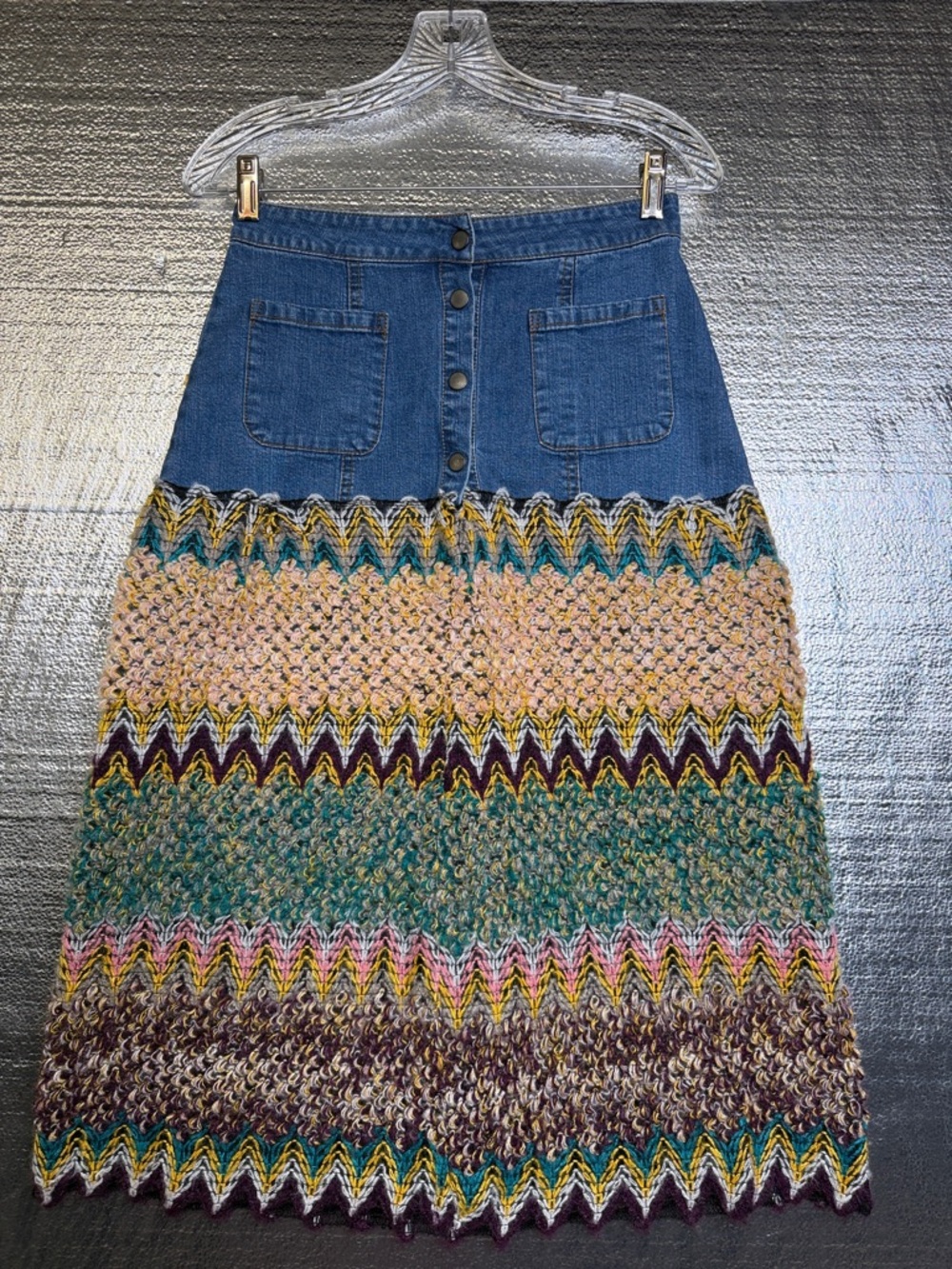Denim Top Multicolor Crochet Midi Skirt